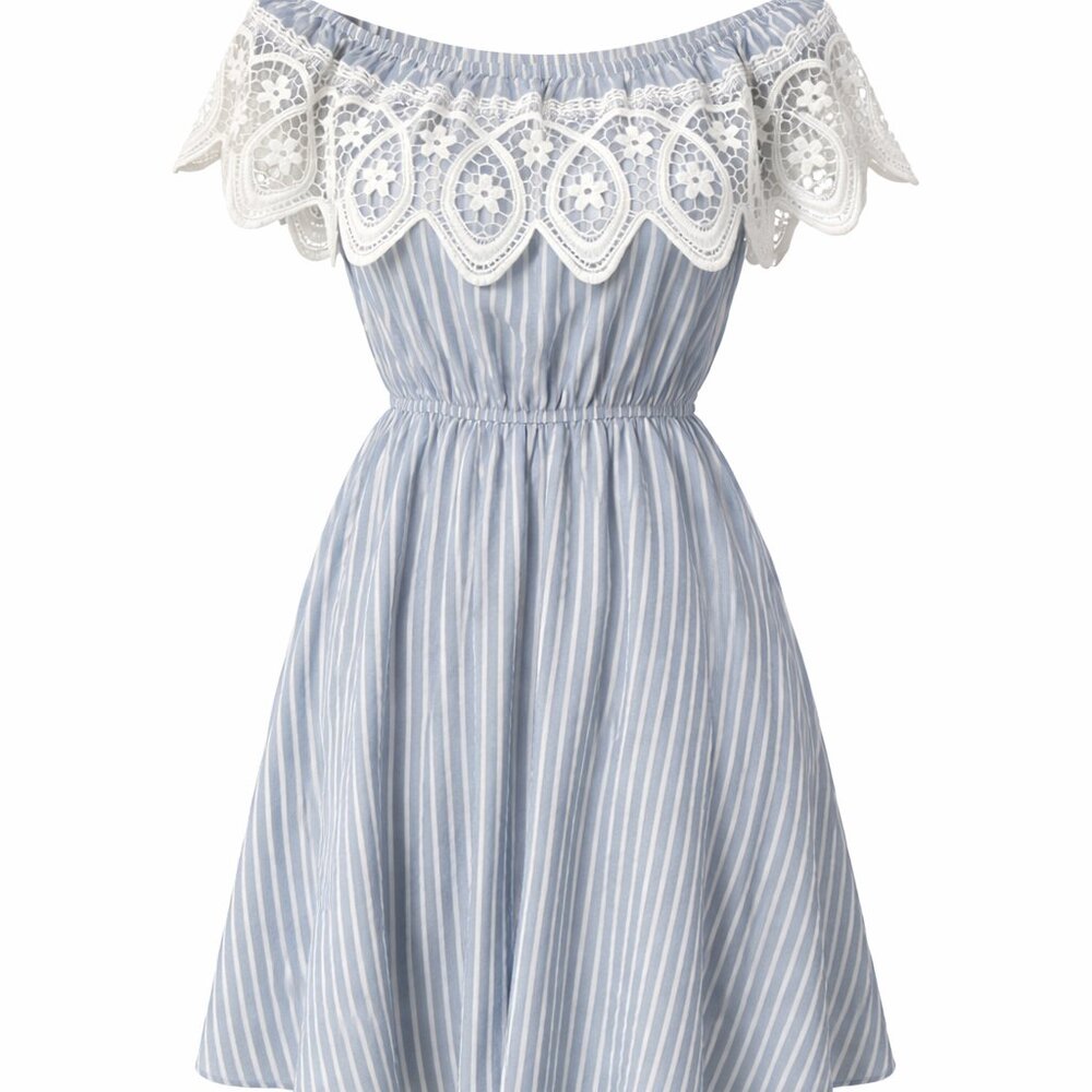 Blue & White Lace Off-Shoulder Dress- Small